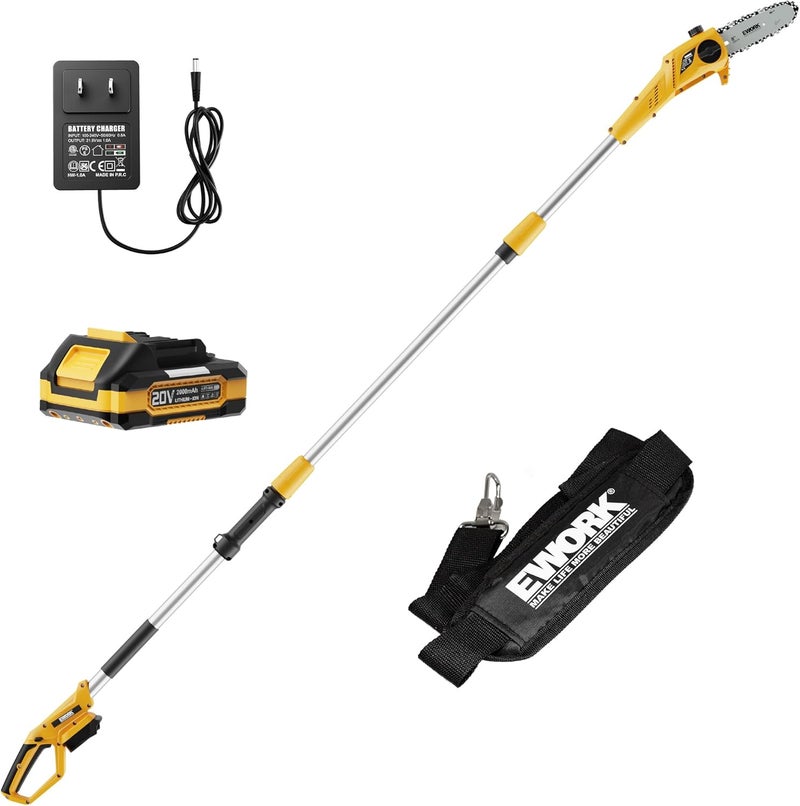 EWORK 20V 8-Inch Cordless Pole Saws for Tree Trimming, Extension Up to 14.2-Ft, Lightweight Only 6.5 Lbs, Auto Oiling Electric Pole Saw Battery Powered with Battery and Charger - EK-TT2008Y - Image 1